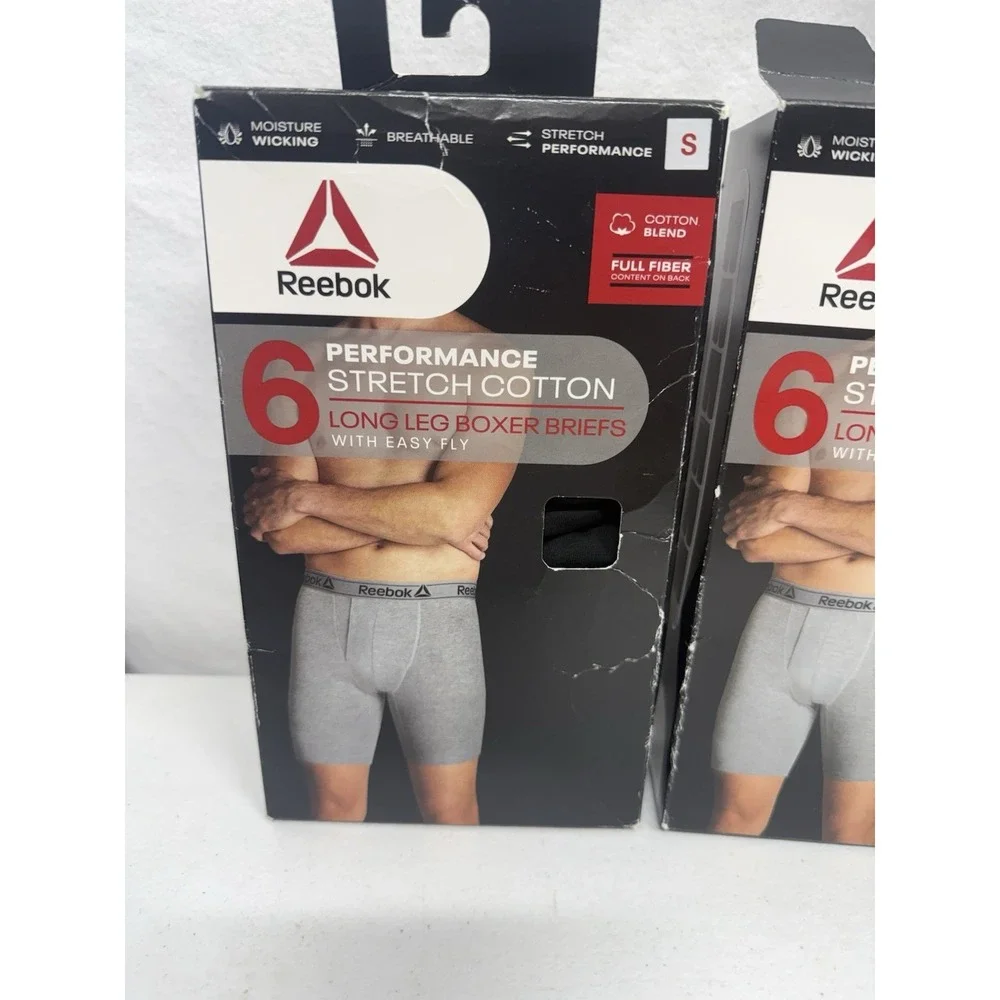 Lot Of 2 -6 Packs Reebok Cotton Long Leg Boxer Briefs w/Easy Fly Black Small